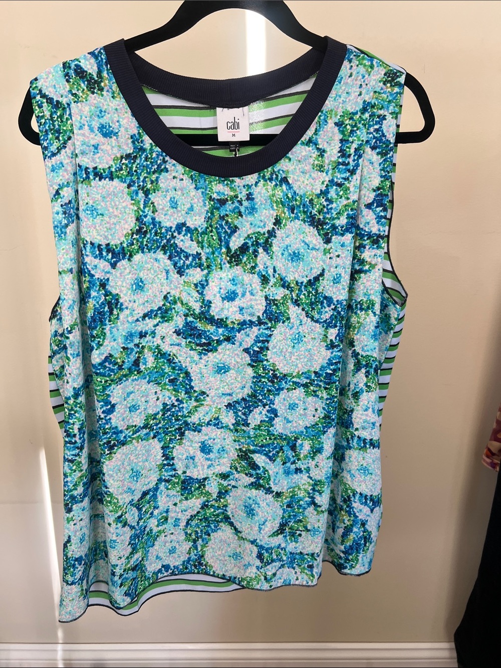 CAbi Blue & Green Floral Tank with Navy Trim
